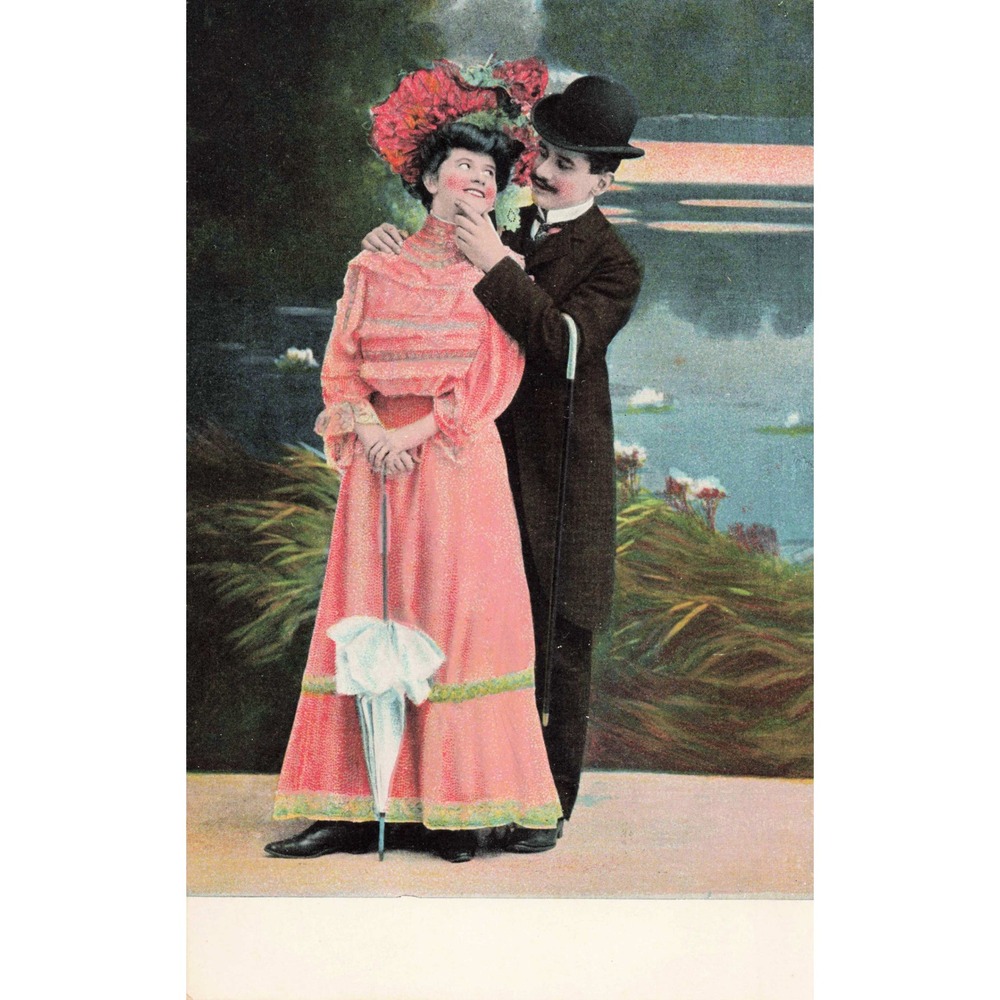 Antique Postcard Edwardian Romantic Couple Courtship Bowler Hat Pink Dress c1910